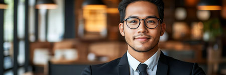 Portrait of a Confident Young Asian Businessman in Glasses and Suit in Blurred Modern Office Settingの素材