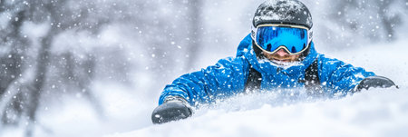 Snowboarder Carving Through Deep Powder, Enjoying a Snowy Day of Winter Sports and Adventureの素材
