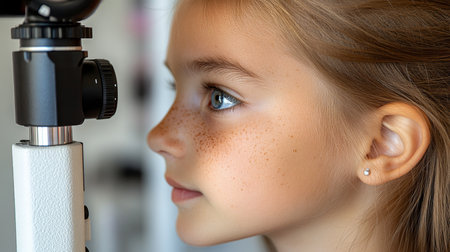 Young Girl Undergoing Eye Exam with Slit Lamp Healthcare, Ophthalmology, and Vision Care.の素材