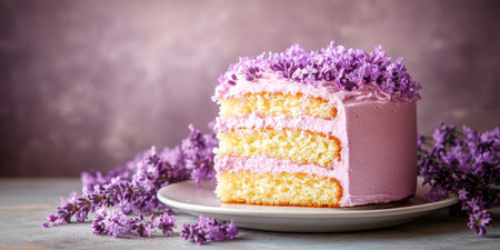 Vanilla Sponge Cake Slice with Buttercream Icing, Fresh Lavender Sprigs on Textured Backdropの素材