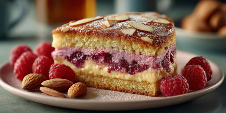 Slice of Raspberry Almond Cake on White Plate, Close-up with Fresh Raspberries, Soft Paletteの素材