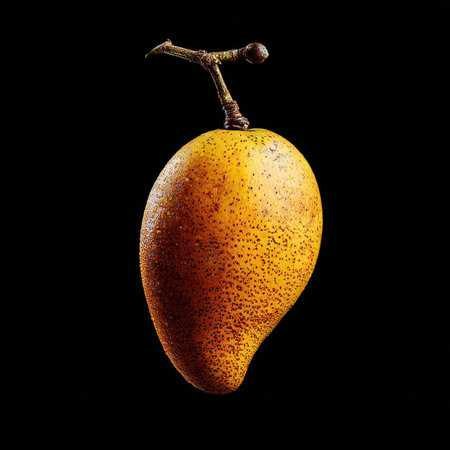 Ripe Golden Mango, Isolated on Black Background, Vibrant Tropical Fruit, Close Up, Studio Shot.の素材