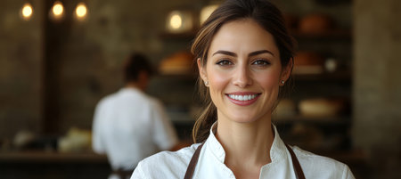 Portrait Of A Happy Female Bakery Owner With A Warm Smile, Standing, Her Shop Forms The Backgroundの素材