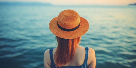 Woman In Straw Hat Looks At Ocean, Summer Time. Girl In Blue Dress And Sunhat At Beachの素材