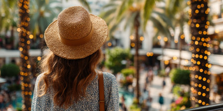 Tourist Woman in Straw Hat Enjoys Summer Vacation, Blurred Background with Copy Spaceの素材