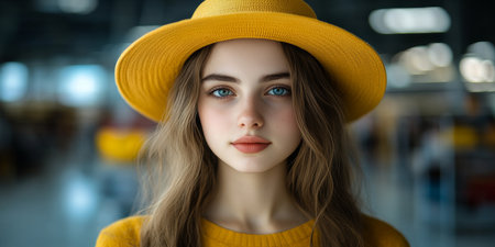 Attractive Young Woman in Yellow Hat Portrait, Fashion and Style, Shopping Mall Backgroundの素材