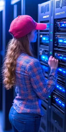 Female IT Specialist Working on Server Hardware in Data Center, Monitoring System Performanceの素材