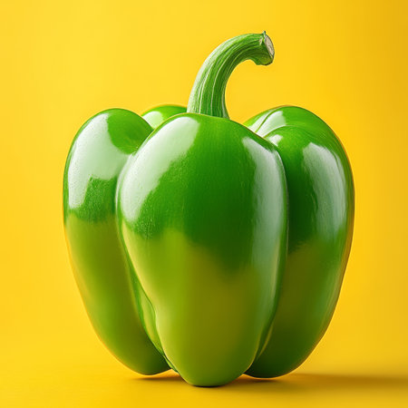 Isolated, Vibrant Green Bell Pepper On Bright Yellow Background, Glossy, Fresh Produce Photographyの素材