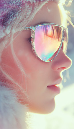 Winter Wonderland, Woman With Snowy Eyelashes And Iridescent Goggles, Close Up Portrait.の素材