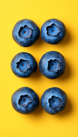 Six Fresh, Ripe, Organic Blueberries Arranged in Two Rows on a Vibrant Yellow Backgroundの素材