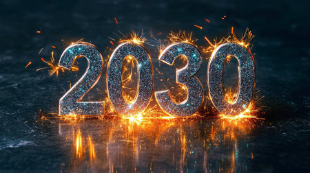 Silver Metallic 2030 on Dark Background with Fireworks and Sparkles for New Year Celebrationの素材