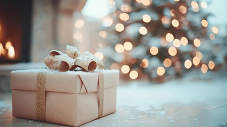 Christmas Gift by the Fireplace Elegant Present Under the Tree with Sparkling Lightsの素材