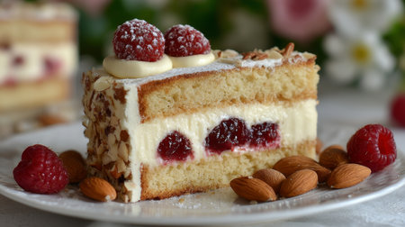 Homemade Raspberry Almond Cake Slice with Creamy Filling, Sliced Almonds, and Fresh Raspberriesの素材