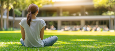 Contemplative Young Woman Enjoys Peaceful Moment on Lush University Lawn, Education Conceptの素材