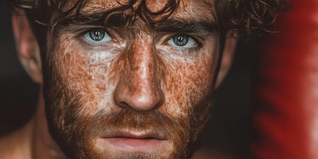 Portrait Of Determined, Focused Fighter With Intense Eyes, Freckles And A Determined Expressionの素材