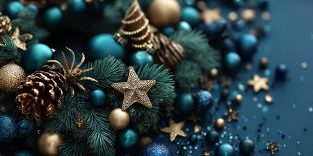 Blue Christmas Wreath, Pine Branches, Golden and Blue Ornaments, Holiday Background with Copy Spaceの素材