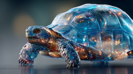 Futuristic Blue Tortoise, Holographic Reptile in Digital Space, Modern Technology and Innovationの素材