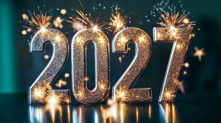 Silver Sparkling New Year s 2027 Celebration Banner with Fireworks on Emerald Green Backgroundの素材