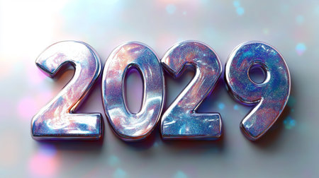 Shiny, Reflective Silver 2029 Text on Iridescent Background for Happy New Year Celebrationの素材