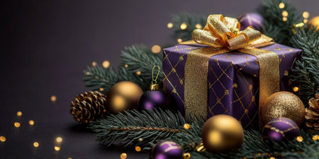 Exquisite Purple and Gold Christmas Holiday Background With Gift, Ornaments, and Spruce. Copy Space.の素材