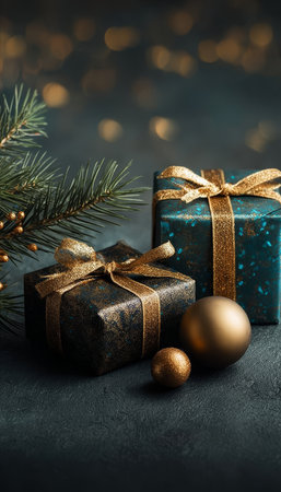 Elegant Christmas Presents with Golden Ornaments and Pine Sprig on Dark Festive Background.の素材