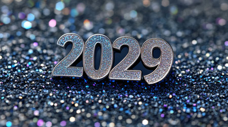 Sparkling Silver 2029 Numbers on Blue Glitter Background, New Year Celebration Conceptの素材