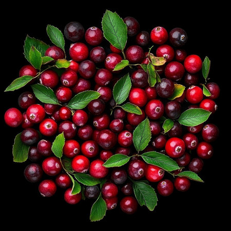 Ripe Cranberries With Green Leaves, Vibrant Red Berries. Close Up, Isolated On Black Background.の素材