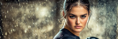 Intense, Focused Female Boxer Ready To Fight With Determination, Rain Effect, Gym Backgroundの素材