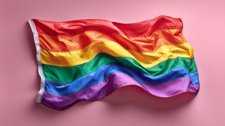 Vibrant Rainbow LGBT Pride Flag Waving On Pink Background, Diversity And Inclusion Conceptの素材