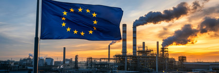 EU Flag and Atmospheric Pollution Industrial Landscape at Sunset, Raising Environmental Debateの素材