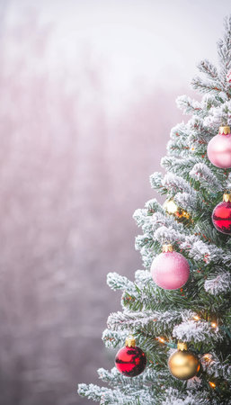 Frosted Outdoor Christmas Tree with Pink, Red, and Gold Ornaments, Winter Wonderland Sceneの素材