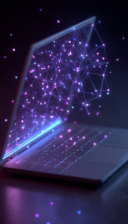 Neon Laptop with Abstract Network Nodes Floating Above, Representing Connectivity., Vaporwave Artの素材