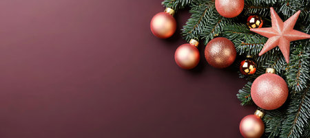 Tis the Season. Christmas Banner Featuring Rosy Orange Glass Ornaments and Copy Space on Rightの素材