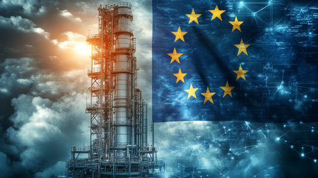 Industrial Smokestack with CO2 Emissions and European Union Flag, Environmental Policy Conceptの素材