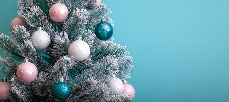 Festive Frosted Christmas Tree Adorned with Teal and White Bauble Ornaments, Turquoise Backgroundの素材