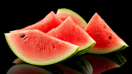 Juicy Watermelon Slices, Isolated on Black Vibrant Red Fruit, Refreshing Summer Treatの素材