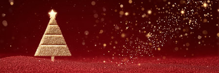 Golden Christmas Tree On a Red Glitter Background With Sparkling Festive Holiday Lightsの素材