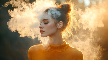 Mysterious Woman Emerging From Smoke, A Beautiful Woman with Sunlight and Haze, Atmospheric Portraitの素材