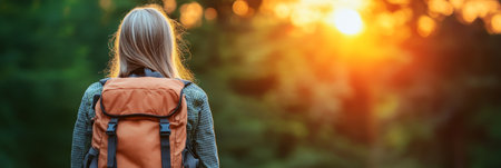 Woman With Backpack Hiking in Nature, Scenic Sunset View, Hiking Trail, Adventure Travel Concept.の素材