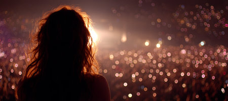 Woman At Concert, Music Festival Blurred Stage Lights And Crowd In Background, Copy Spaceの素材