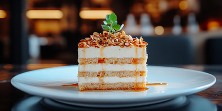 Honey Cake Slice with Toasted Almonds and Honey Drizzle on White Plate, Food Styling Conceptの素材