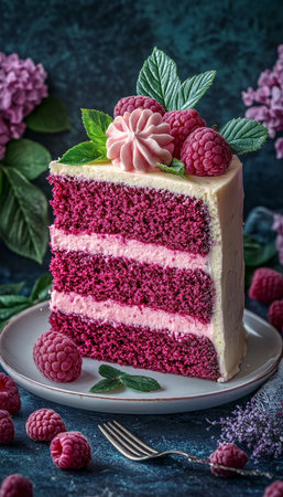 Slice of Layered Chocolate Raspberry Cake on a Plate, Decorated with Fresh Raspberries and Mintの素材