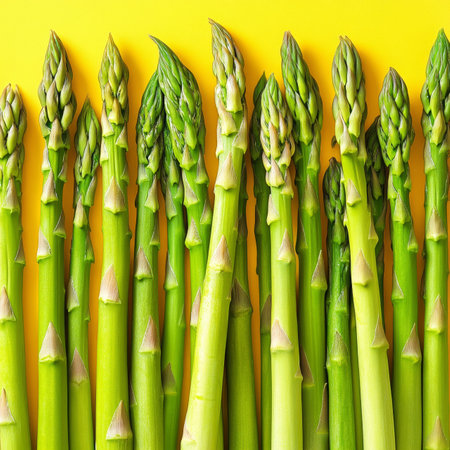 Vivid Green Asparagus Stalks in a Row, Isolated on Yellow Fresh and Vibrant Food Photographyの素材