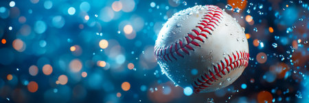 Baseball in Motion Closeup of a Wet Baseball with Water Droplets Against a Blue Bokeh Backgroundの素材