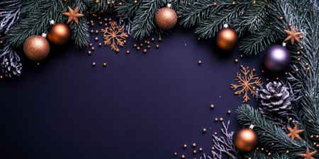 Dark Purple Christmas Background with Silver, Bronze, and Copper Ornaments and Copy Spaceの素材