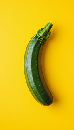Single, Shiny, Dark Green Zucchini, Close-Up, Isolated on a Vibrant Yellow Backgroundの素材
