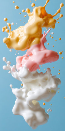 Pink, Yellow, And White Liquid Splashes In Zero Gravity On Blue background, High Resolutionの素材