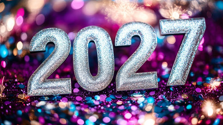 Silver 2027 New Year Celebration with Fireworks and Confetti on Iridescent Backgroundの素材