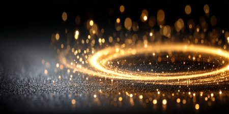 Sparkling Yellow Glitter Circle of Light Surrounded by Grey Particles on Dark Grey Backgroundの素材