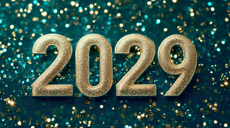 2029 New Year Celebration Background On Emerald Green Background With Gold Glitter, 3D Renderの素材